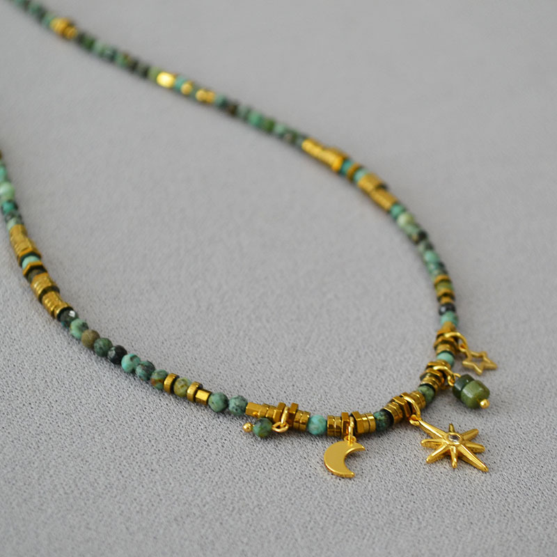 秋冬新款欧美小众设计复古文艺绿松石串珠星星月亮挂坠短款项链女详情12