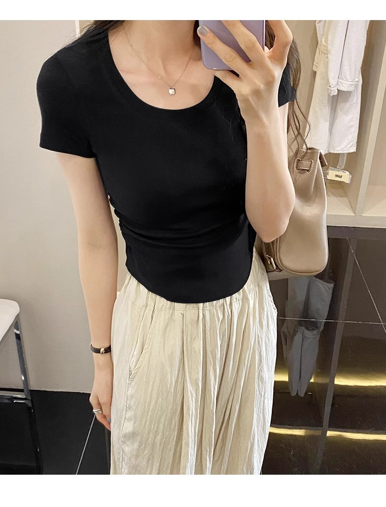 辣妹正肩紧身短袖T恤女 2025夏季新款直播显身材 茶艺风格低领紫色上衣 女式T恤青春时尚潮流详情24