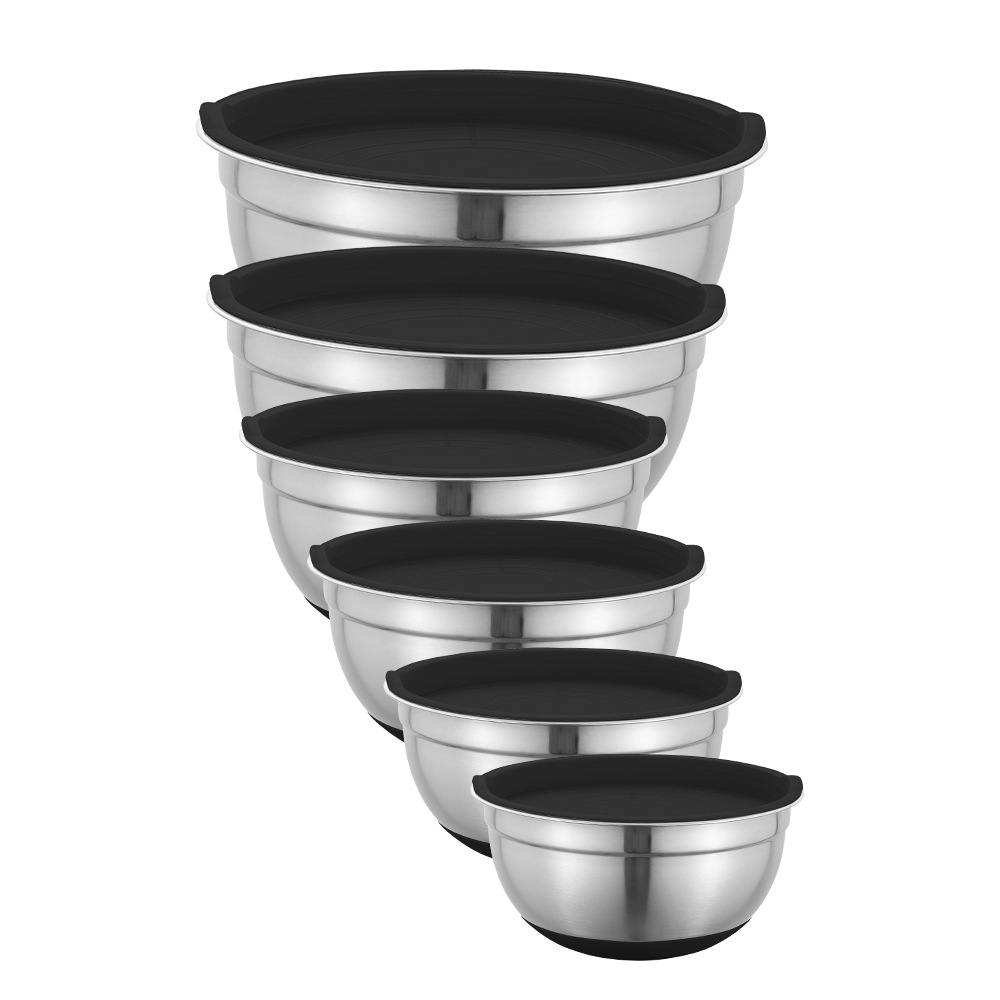 Stainless steel salad bowl, khaki black silicone bottom, anti-slip cover, grater, egg beater set, baking mixing bowl pic 19