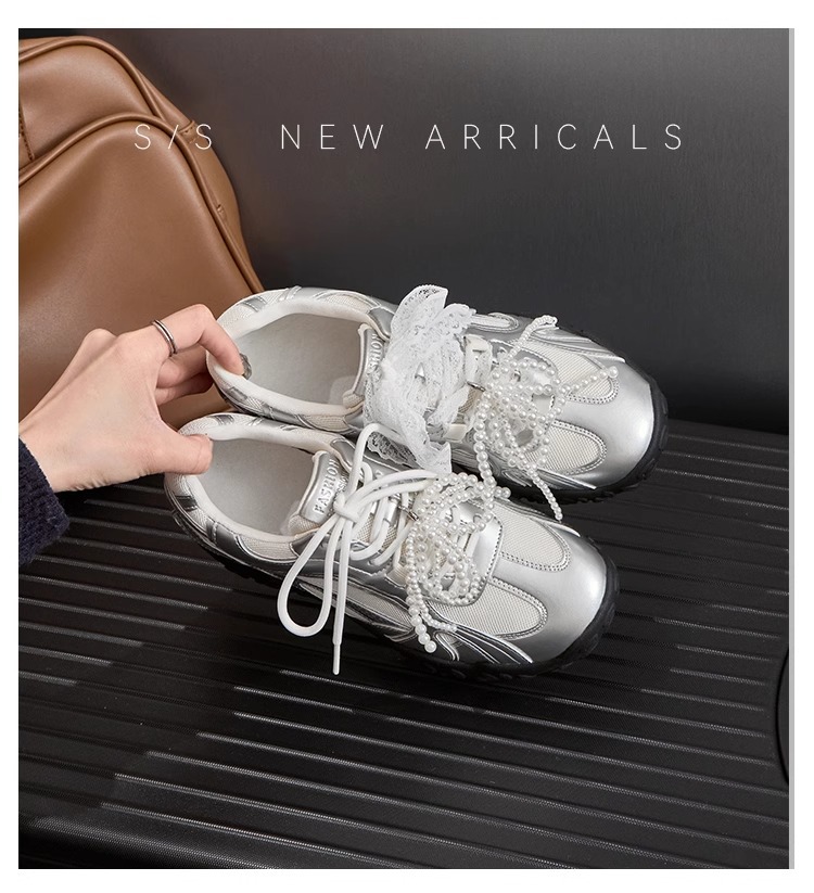 6CM内增高德训鞋女蕾丝珍珠夏新款银色厚底网面休闲运动鞋阿甘鞋详情12