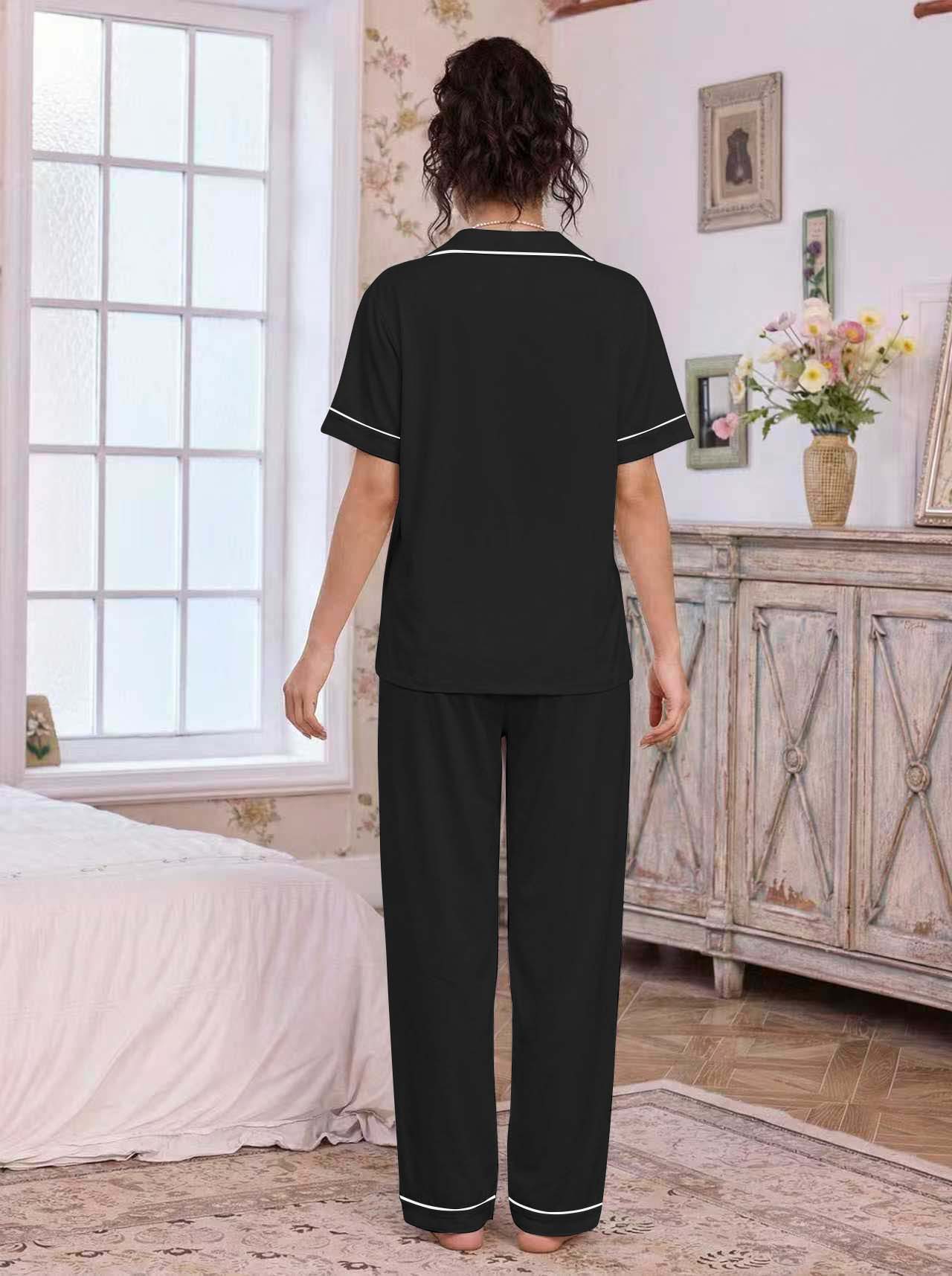 亚马逊欧美家居服套装翻领开衫短袖长裤爱心绣花睡衣女外贸独立站详情15