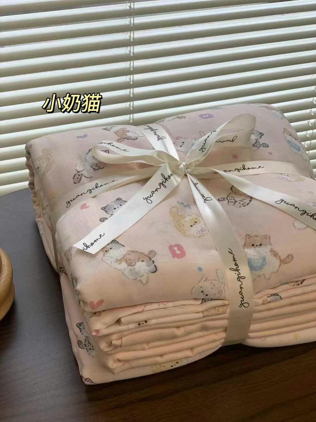 A set of three or four pieces with fresh small floral print double-layer yarn, pure cotton soft naked sleeping quilt cover and cartoon bedding pic 56