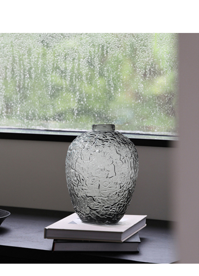 富雅玻璃大肚落地马醉木灰色透明锤纹水培玻璃花瓶家居装饰花器详情4