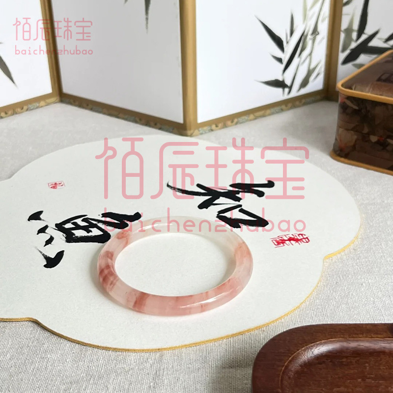 天然真玉桃花酿手镯金丝玉手镯飘花玉手镯粉色手镯子玛瑙送礼物女详情5