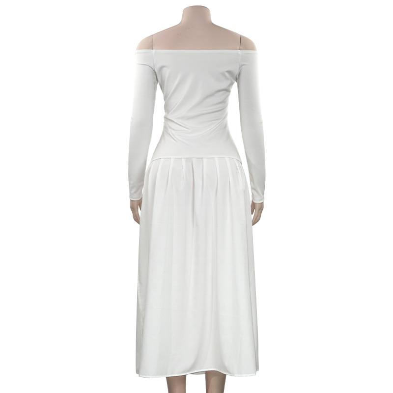 D016DS European and American cross-border 2024 Autumn new solid color one-shoulder long-sleeved slim French patchwork long dress pic 14