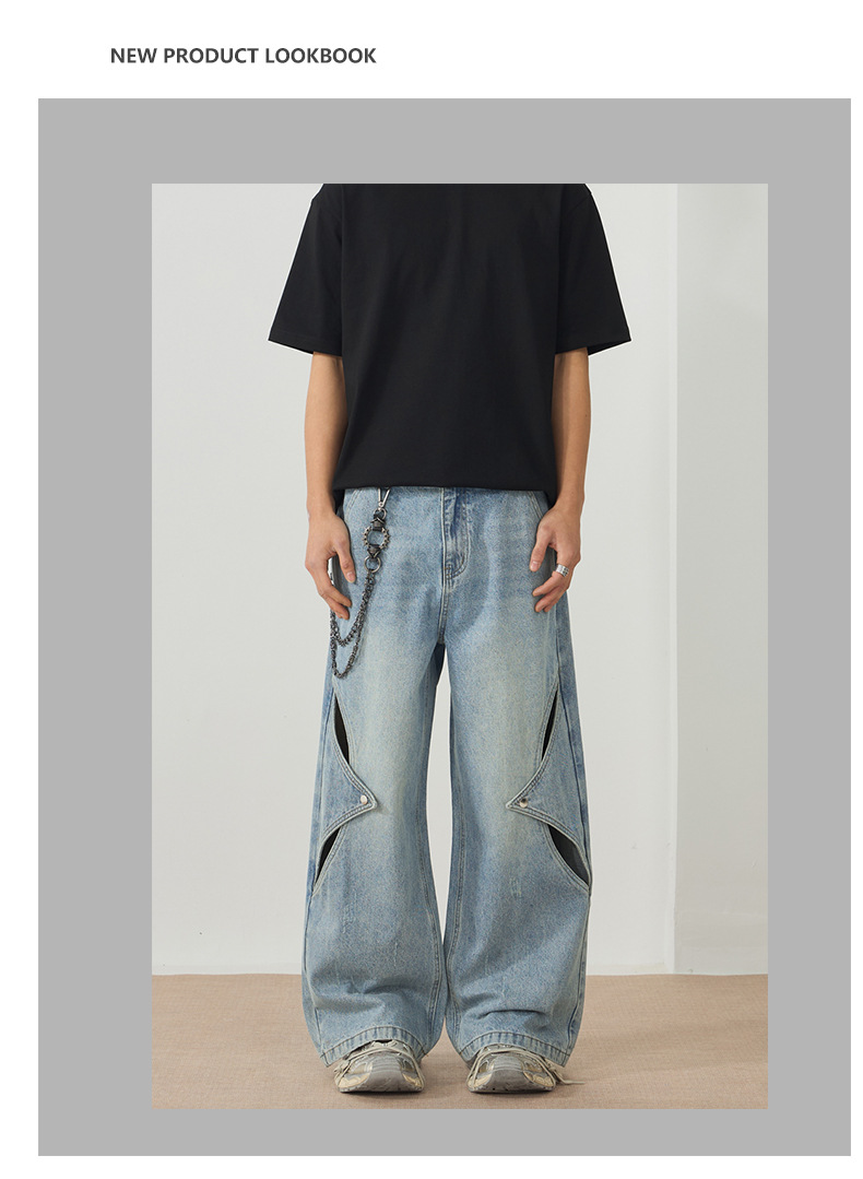 LKTM男装#春夏新款镂空破洞牛仔裤男女设计感宽松阔腿直筒长裤子详情2