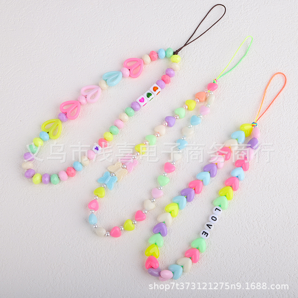 Cute heart-shaped mobile phone lanyard diy acrylic beaded mobile phone chain letter heart-shaped mobile phone protective pendant pic 2