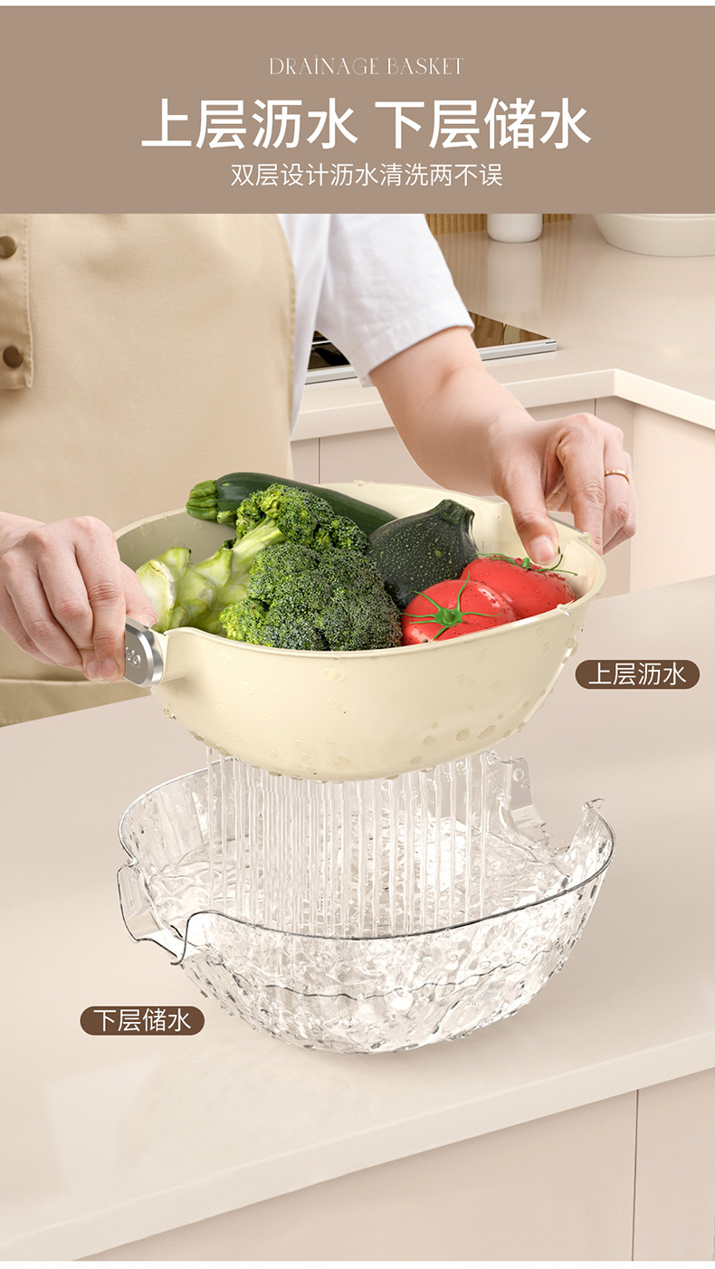 双层沥水篮家用厨房洗菜盆塑料洗菜筐淘米篮水果盆ins轻奢洗菜篮01098详情2