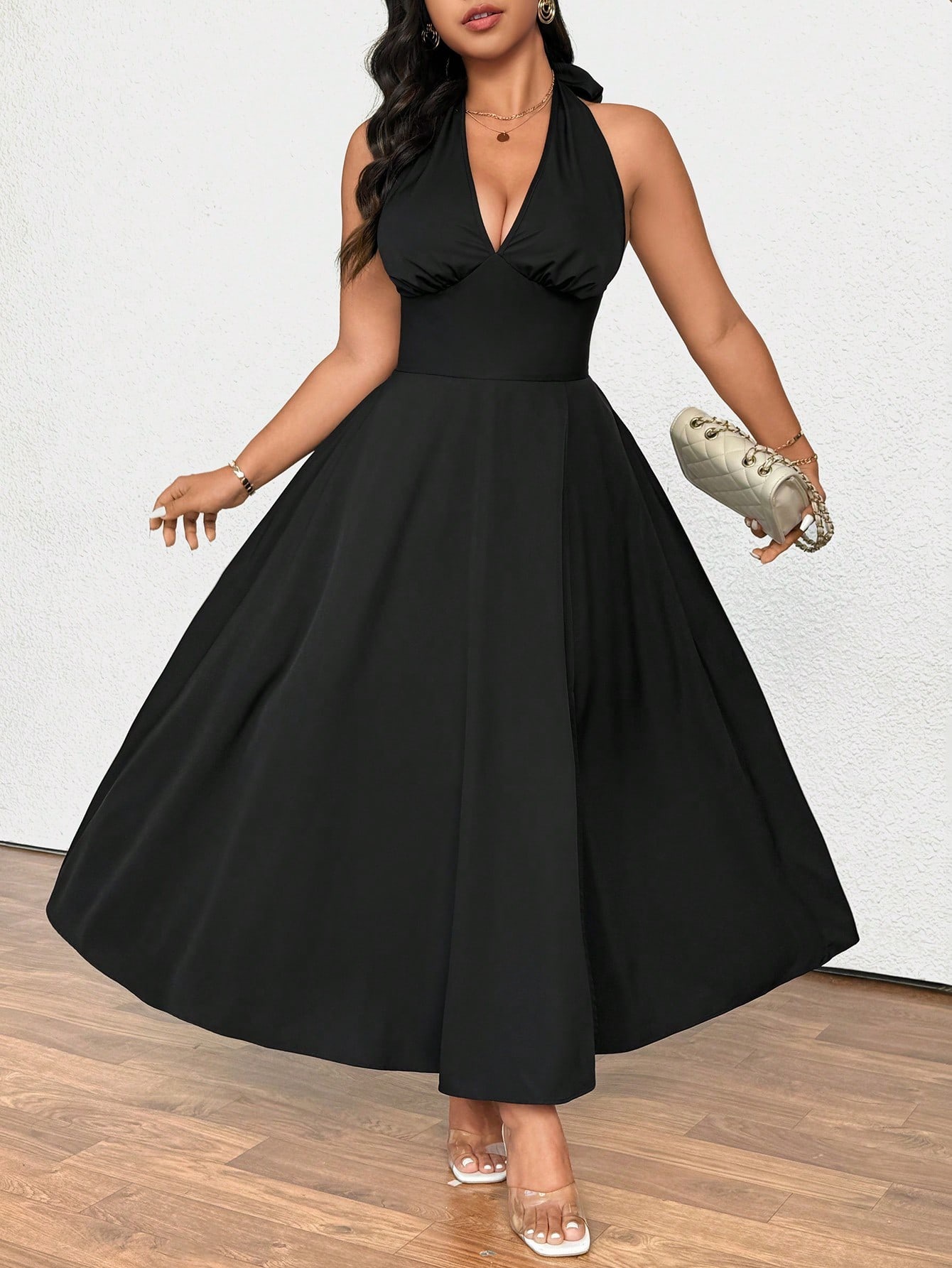 国际temu热卖大码女装法式名媛气质连衣裙夏季新款V领宴会礼服裙详情6