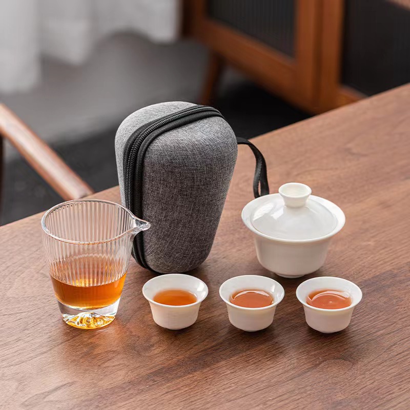 High-end jadeite porcelain outdoor travel tea set, ceramic quick guest cup, one pot, two or three cups portable gift pic 3