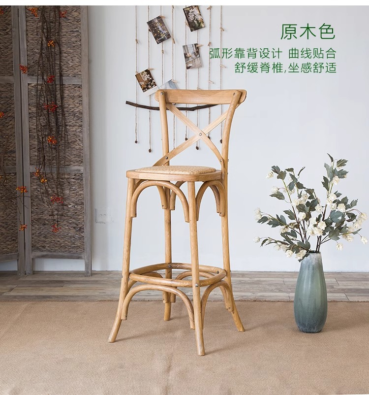 American retro trendy coffee shop solid wood chairs, simple tavern light luxury home bar chairs, high-legged backrest high bar stools pic 12