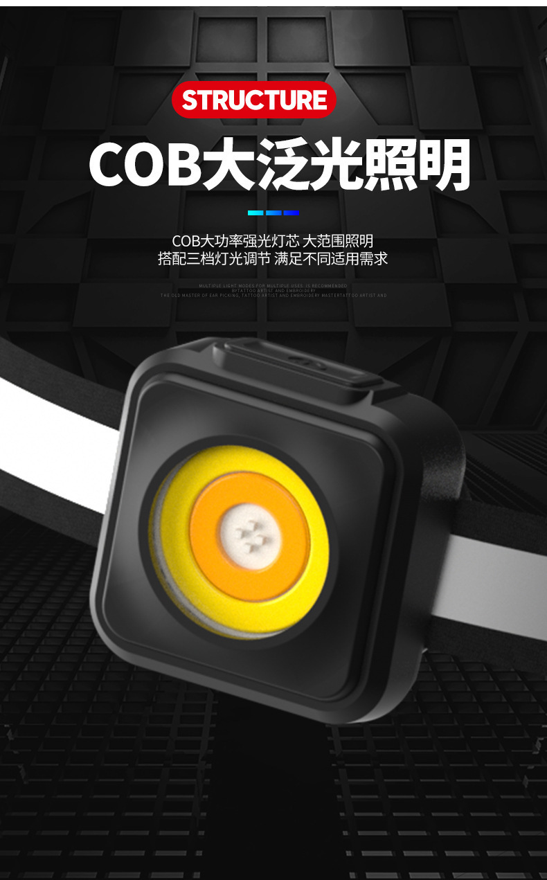 The new cross-border COB small adjustable lightweight headlamp with three light sources for outdoor lighting and charging is waterproof pic 2