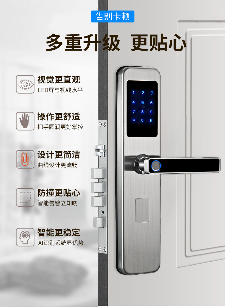Tongtong Lock Silver and black dual-color smart door lock with facial and fingerprint recognition and blue backlit keyboard pic 8