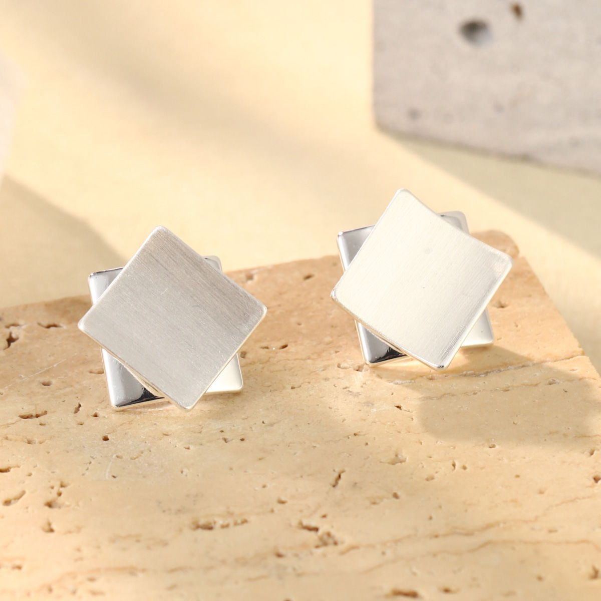 French geometric metal minimalist earrings with an irregular texture, white lava ring and enamel adjustable joints pic 47