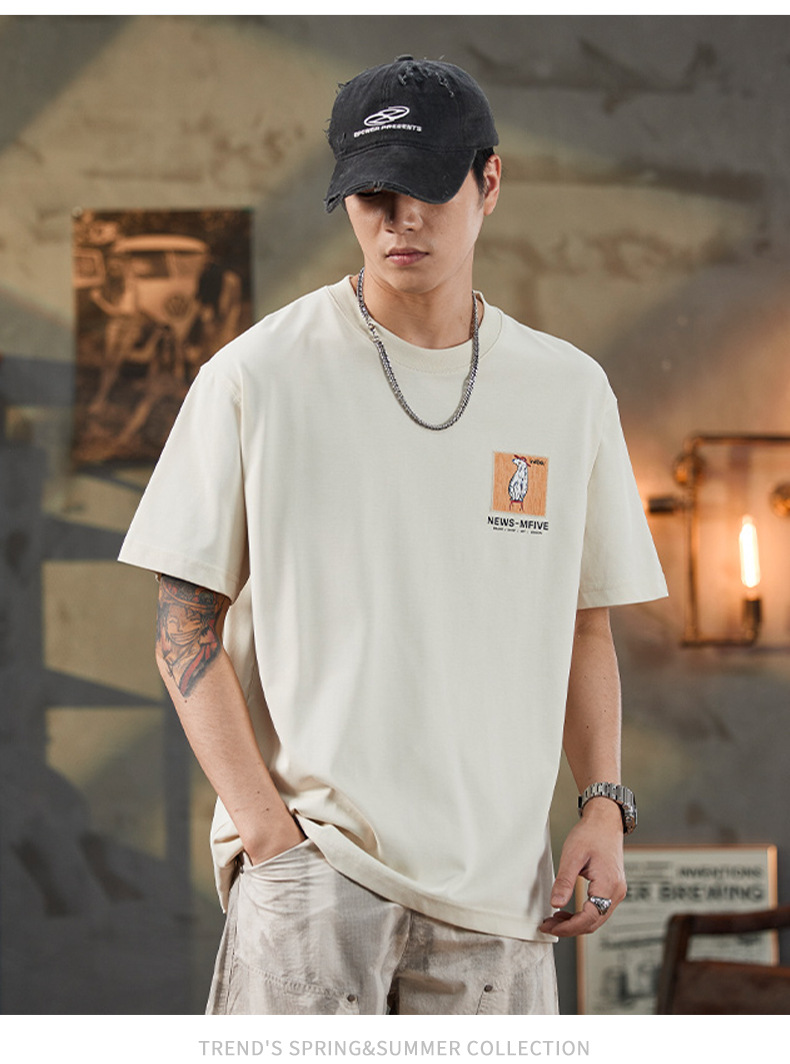 ALLIN 卡通印花短袖T恤男夏季美式重磅宽松百搭圆领五分半袖上衣详情12