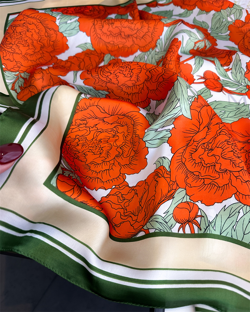 National trend peony flower small silk scarf, spring and summer satin versatile scarf, thin sun-protective headscarf, 70cm faux silk square scarf pic 4