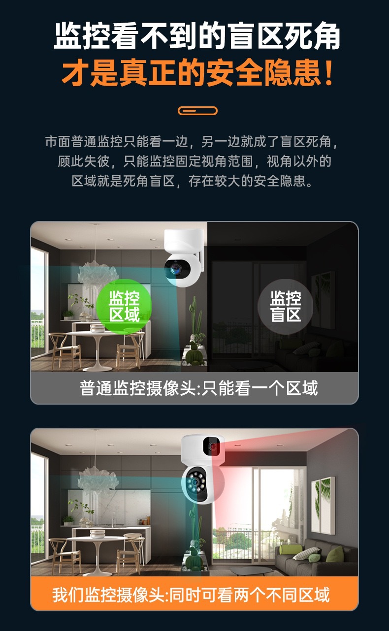 双画面家用摄像机无线wifi高清双目智能手机远程室内广角监控器详情6