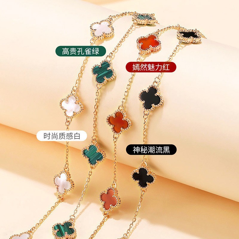 跨境爆款幸运四叶草手链S925纯银双面贝母玛瑙孔雀石时尚气质百搭详情4