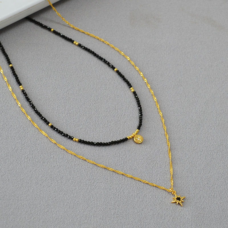 法式小众设计复古黑尖晶串珠星星吊坠双层链条叠戴简约气质项链女详情11
