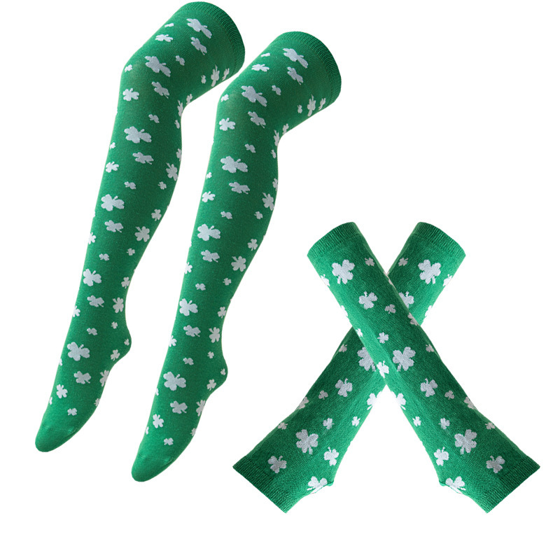 爱尔兰节绿色长筒袜派对三叶草过膝袜圣帕里克节幸运草条纹长筒袜详情9