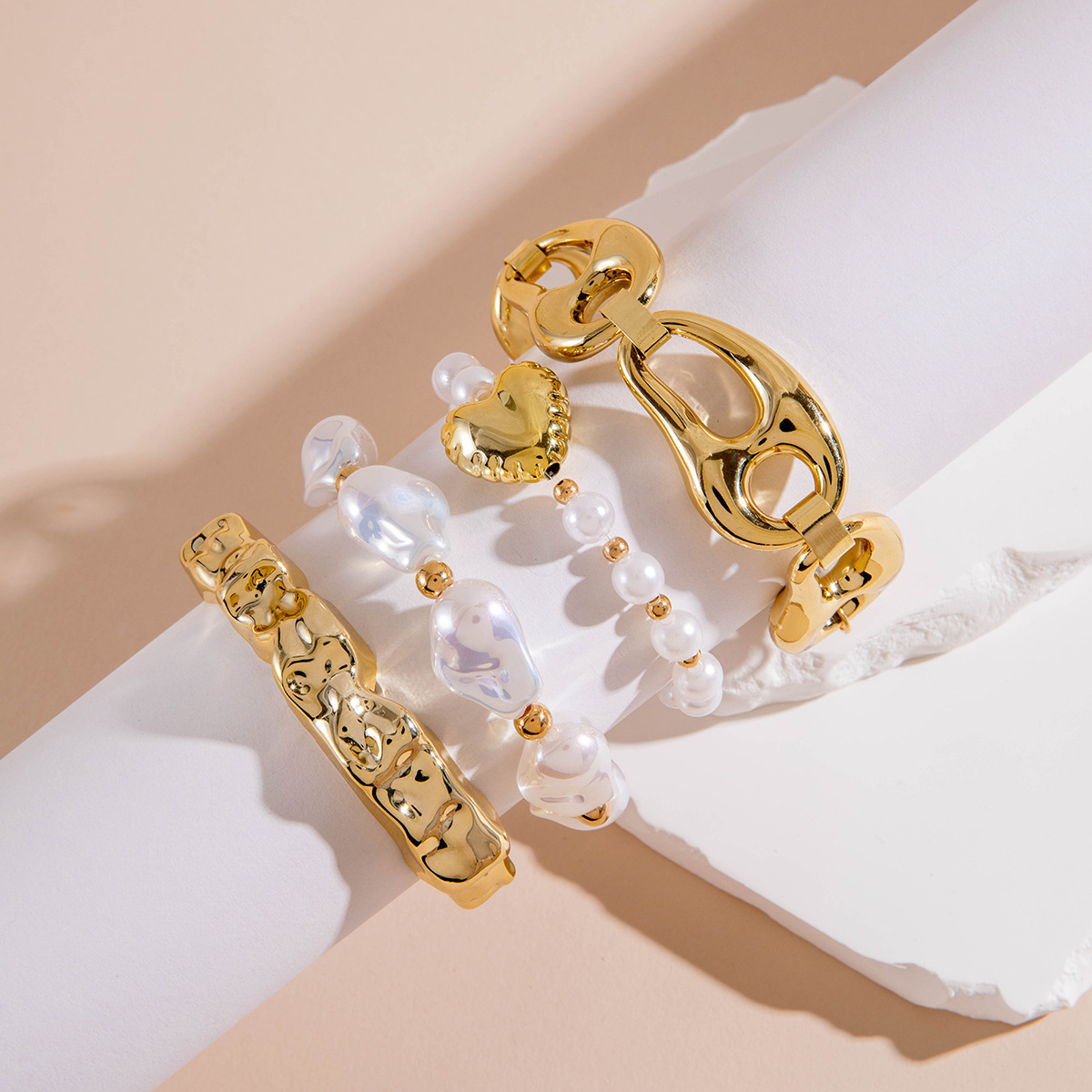 欧美跨境新款多层线条缠绕几何开口手镯套装朋克风波浪形串珠手链详情75