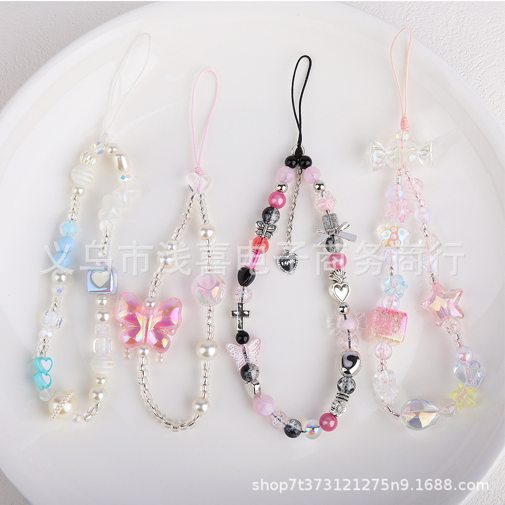 Original butterfly mobile phone chain, heart square, star, bead pendant, beaded mobile phone pendant, camera and mobile phone case pendant pic 1