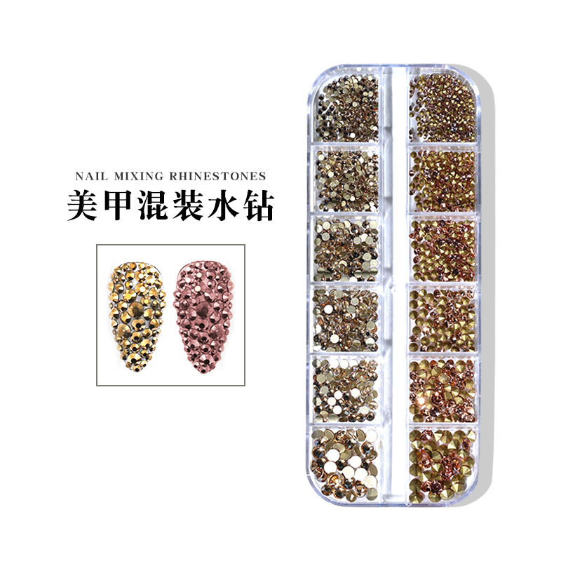 跨境美甲玻璃水钻超闪彩色白色平底钻AB尖底大小混装钻饰12格盒装详情15