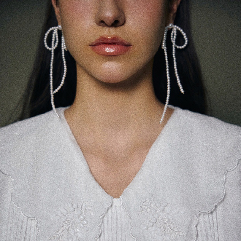 秋冬新手工编织款珍珠蝴蝶结耳钉女s925银针气质小众设计流苏耳环详情4