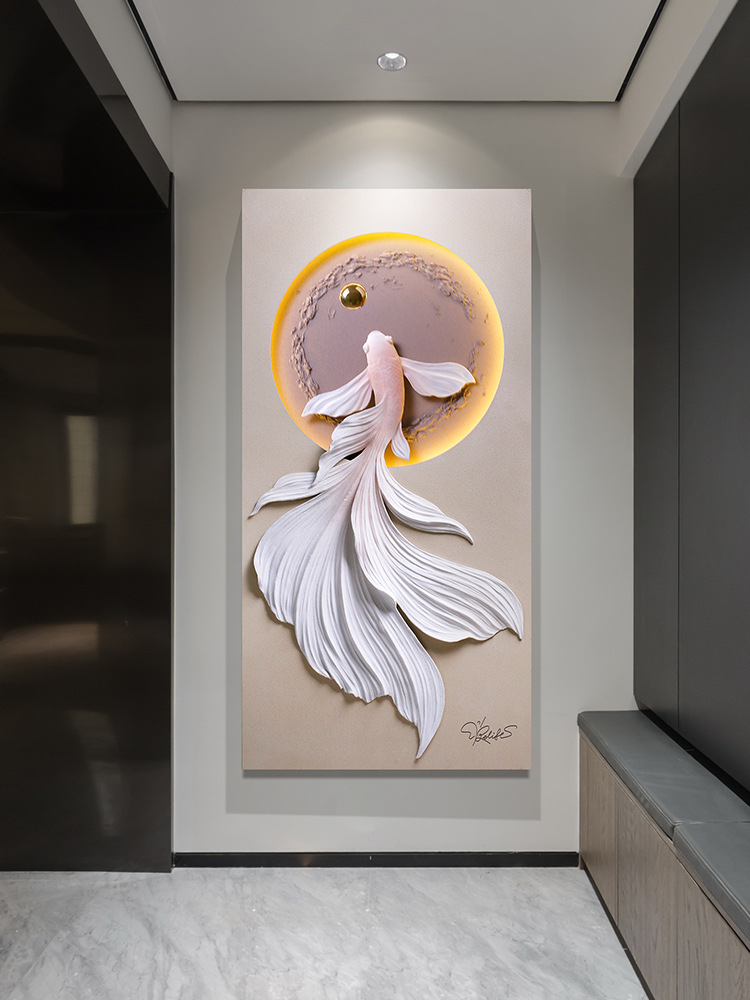 新中式3D锦鱼立体浮雕玄关画走廊过道进门LED灯光家用家具装饰画详情1