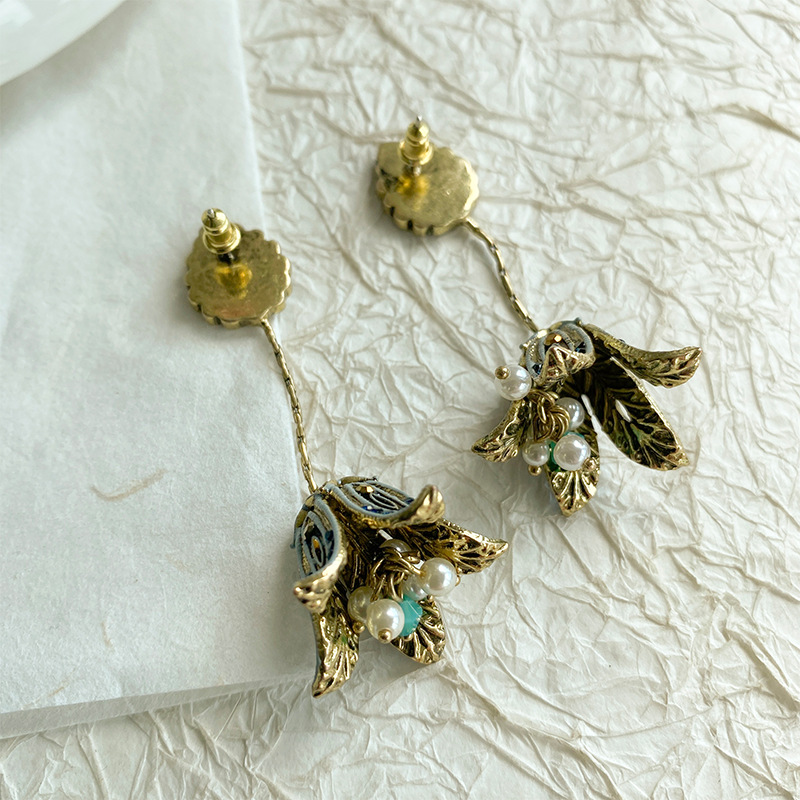 姜妍同款花朵耳环长款波西米亚民族风流苏耳饰女复古高级耳钉耳夹详情4