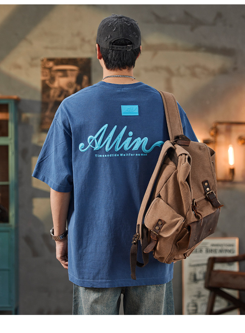 ALLIN pure cotton heavy-duty short-sleeved T-shirt for men, a summer trendy brand with three-dimensional printed letters and loose round-neck couple tops pic 50