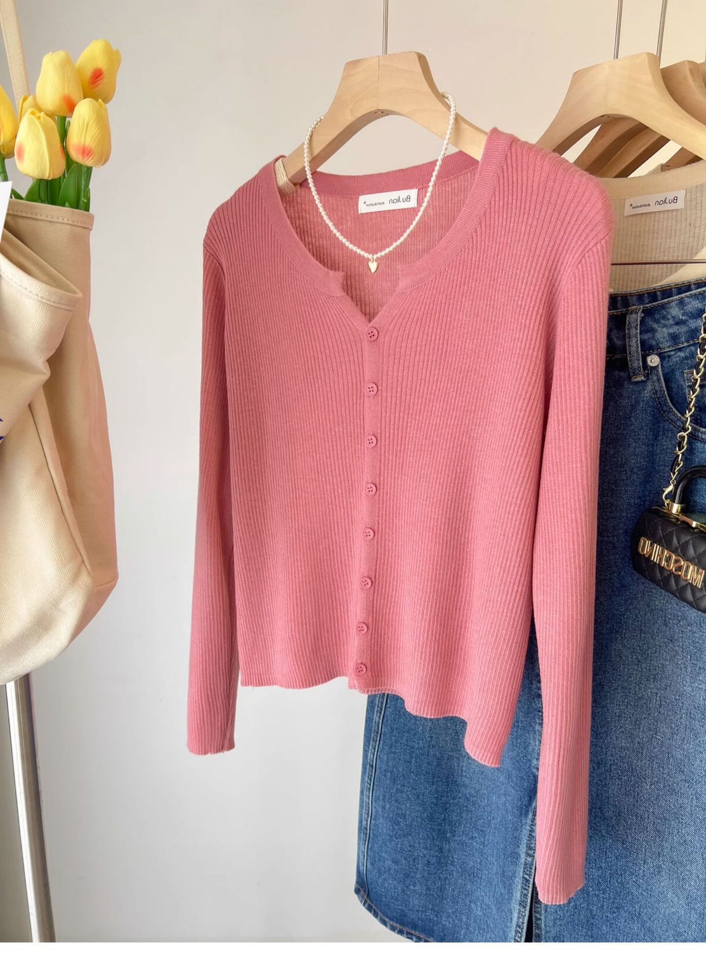 A short woolen cream-colored knitted coat for women, a long-sleeved cardigan for spring and autumn, and a chanel-style innerwear with a base layer pic 15