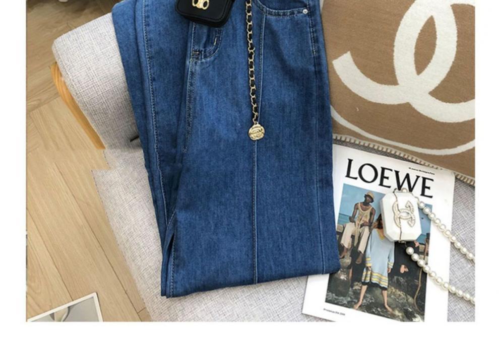 2025秋季新款蓝色设计感小众牛仔裤女韩版高腰显瘦百搭直筒阔脚裤详情2