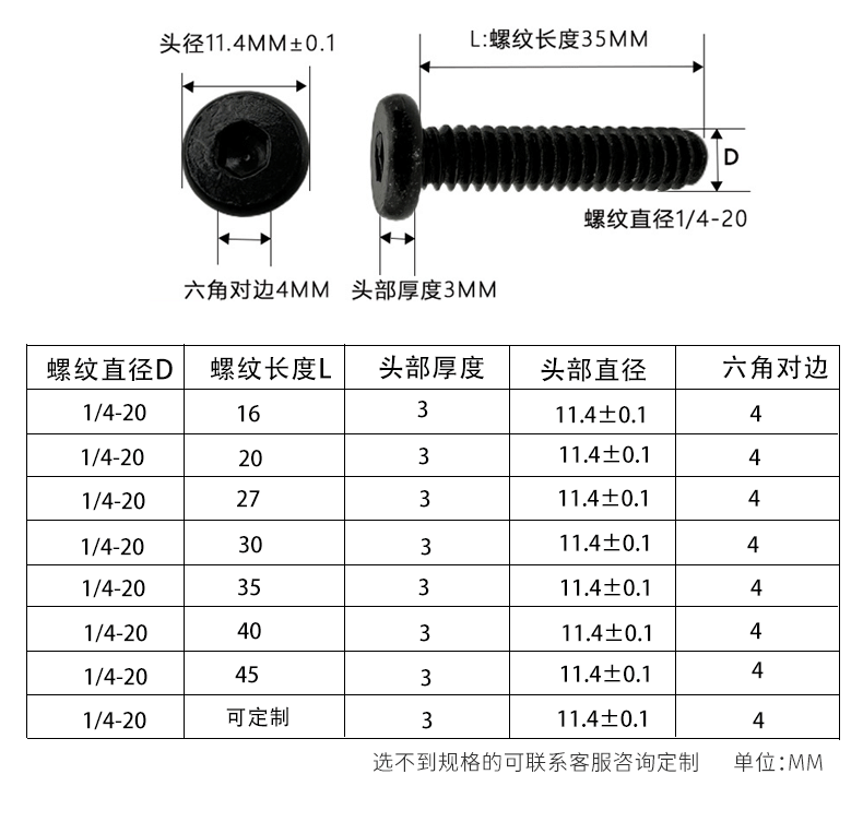 英制1/4-20黑色平头内六角机丝螺丝平头内六角家具螺丝斜边螺丝详情4