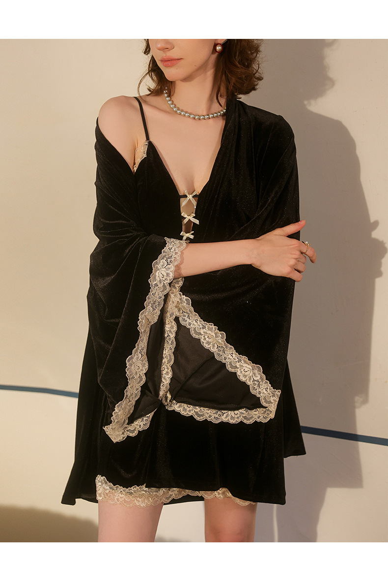 Feiyun velvet lace patchwork retro sexy pajama set, halter dress and outer robe two-piece set, available in multiple colors, 777 pic 16
