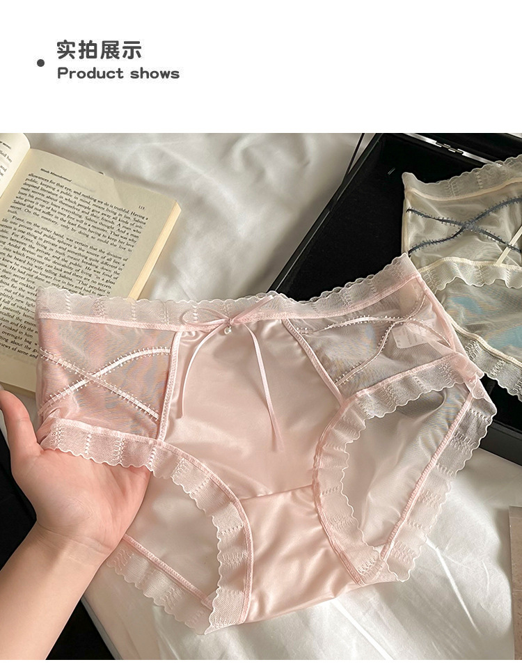 复古交叉绑带半透蕾丝内裤女生纯欲性感舒适桑蚕丝抑菌三角裤女士详情8