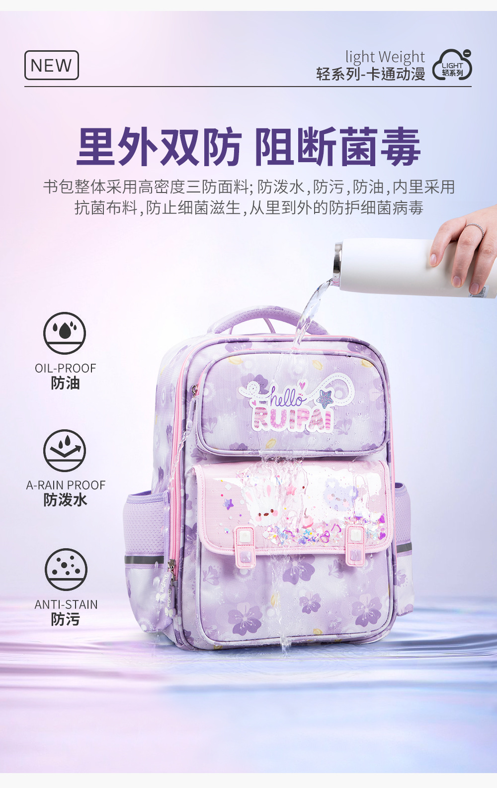 New large-capacity, lightweight and water-resistant Rui brand cartoon schoolbag for girls in grades 1 to 6 of primary school pic 11