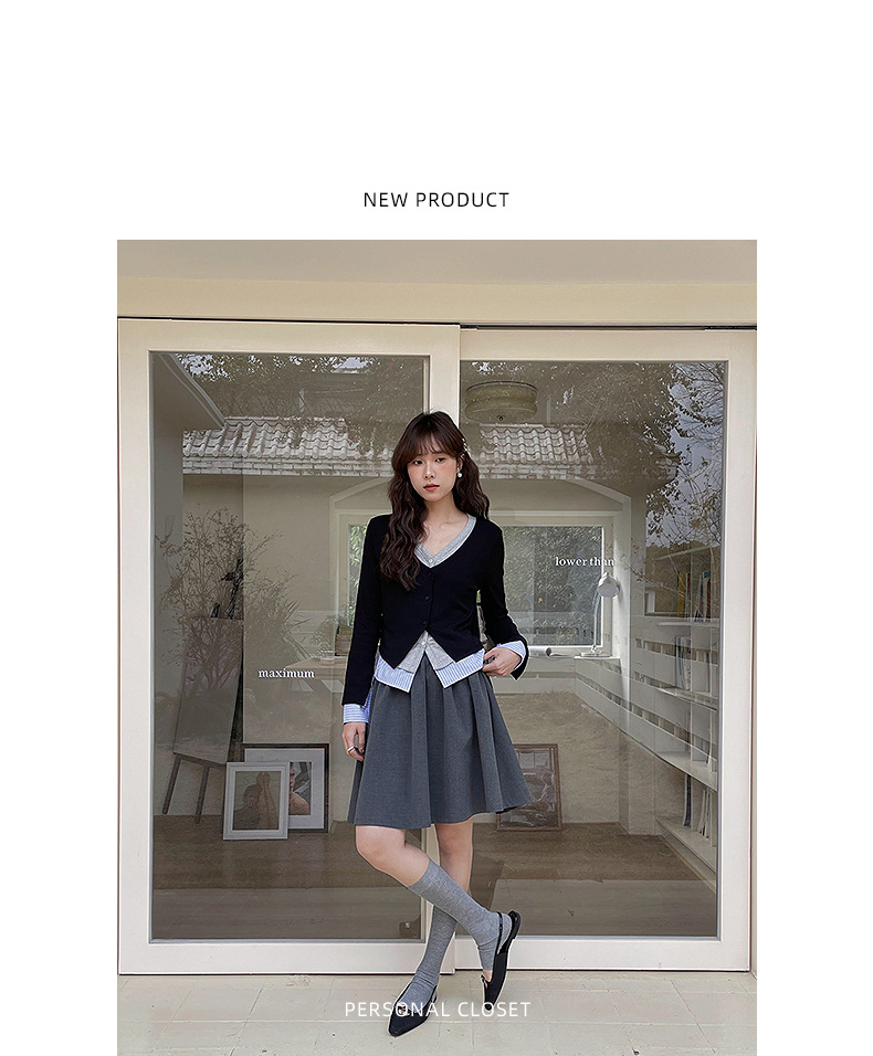 【通勤时髦法则】歌铭设计感撞色假两件针织衫秋季长袖上衣Y2776F详情8