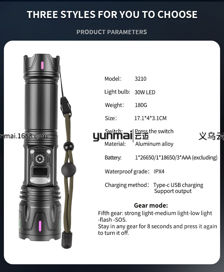 亚马逊新款数显白激光手电筒可透光荧光条带输出强光远射理发器多功能照明工具详情3