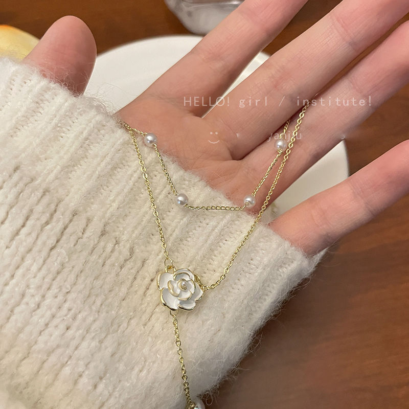 山茶花双层珍珠项链女夏轻奢高级感小众设计脖颈链气质流苏锁骨链详情4