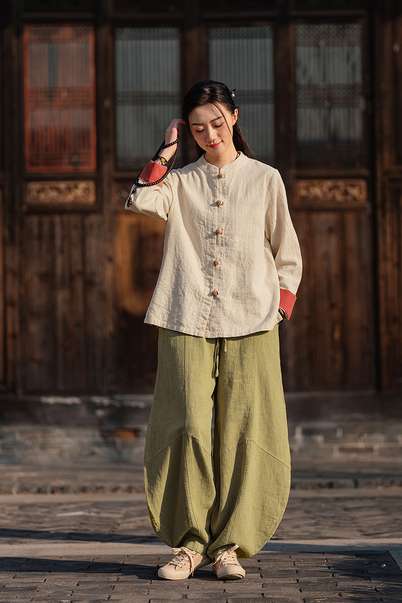 国潮中式棉麻女装拼色盘扣衬衫复古亚麻上衣茶服女禅意中山装国风开衫详情32