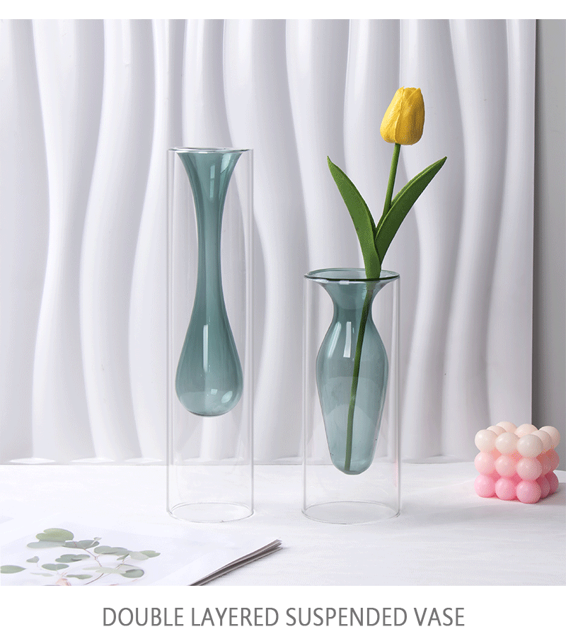 Colored double-layer glass vase, flameless glass art aromatherapy bottle, transparent vase, hydroponic restaurant table decoration pic 7