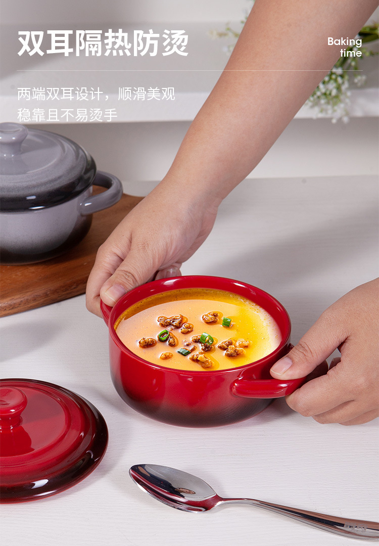 定制松发瓷器多巴胺陶瓷碗带盖蒸鸡蛋羹炖蛋双耳宝宝家用碗详情5