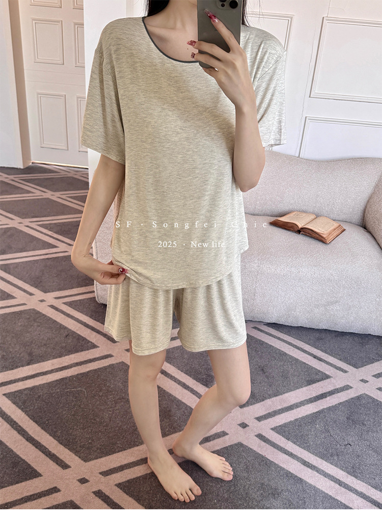 Summer pajama set with chest pad, short sleeves and shorts, pullover, two-piece home wear, thin and skin-friendly, can be worn outside with a pullover pic 25