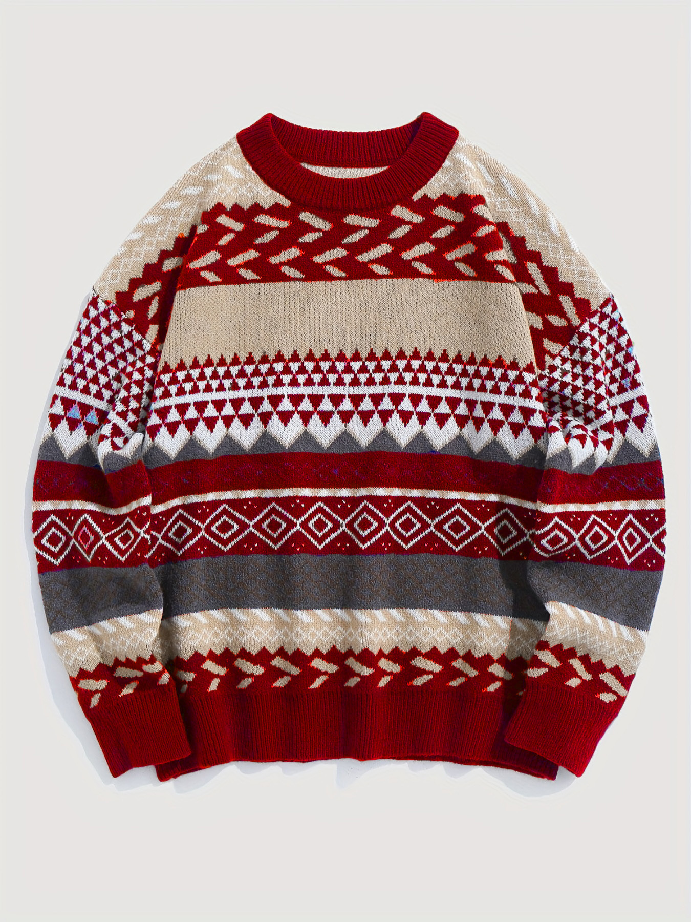 The new autumn and winter warm, soft and retro knitted sweater with a pullover, round neck and long sleeves, and a contrasting color diamond-shaped pattern sweater is versatile for women pic 13