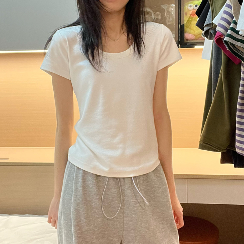 【高品质纯棉】u领收腰正肩显瘦大领口修身短袖T恤女打底衫上衣夏详情22