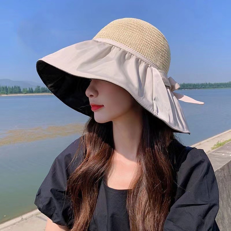 新款夏季百搭户外遮阳帽大帽檐渔夫帽便携防晒太阳帽蝴蝶结女士帽详情19