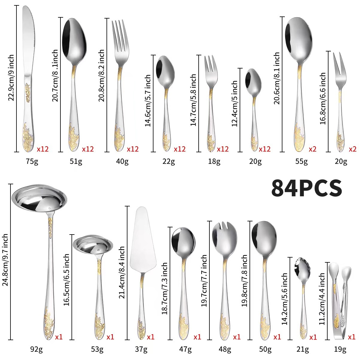 72-piece Western tableware set, 84-piece set, gold-plated Gong Yan stainless steel knife, fork and spoon gift box, wooden box pic 7