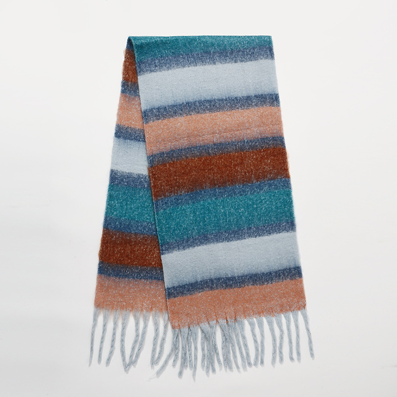Korean striped scarf for women in autumn and winter, colorful mohair, warm and versatile shawl, atmosphere, trendy and fashionable scarf pic 9