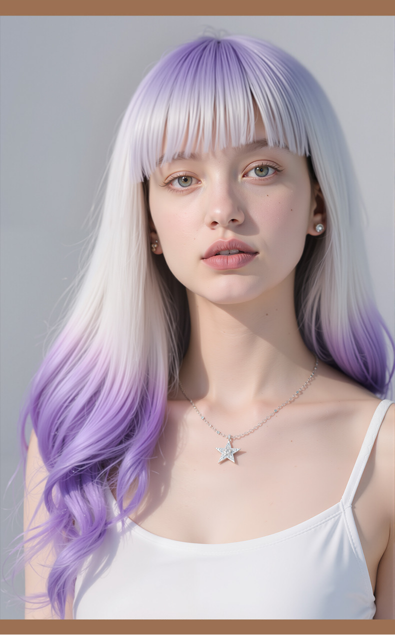 跨境新款欧美混色假发齐刘海长波浪假发女高温化纤丝wigs批发详情10